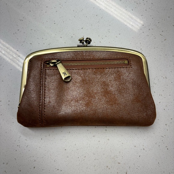 HOBO Brown Suede Leather Cora Medium Frame Wallet with Gold Trim - Picture 1 of 6
